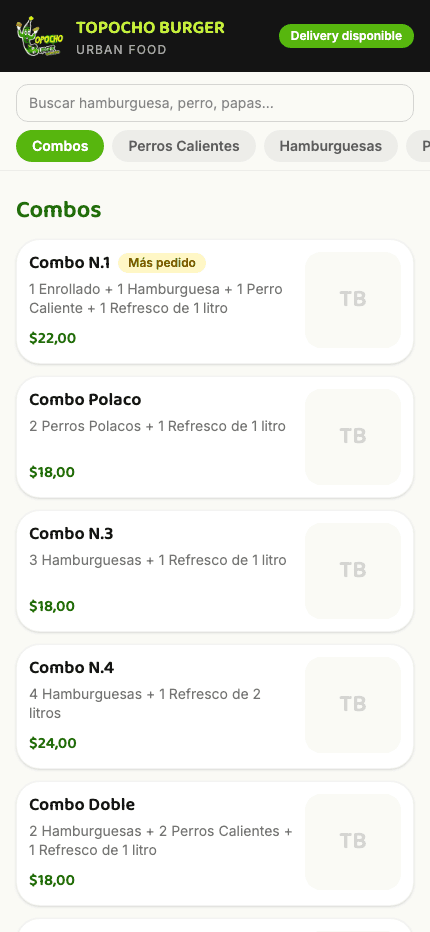 Sitio de Topocho Burger visto en un movil