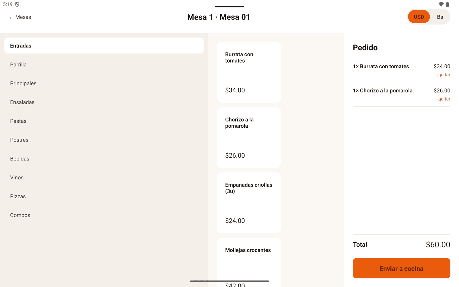 LOVY Food — Tablet del mesero